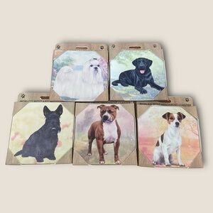 Set of 5 Stone and Cork Drink Coasters Highly Absorbant. Various Cute Dog Breeds